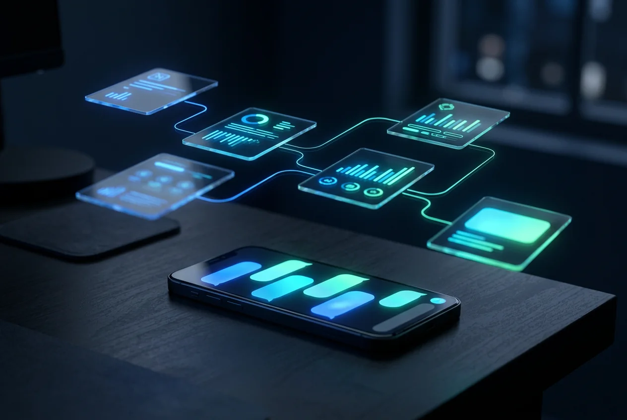Ilustração: celular com uma conversa aberta e cartões de vidro flutuando acima, ligados por linhas de luz, como as etapas de uma venda